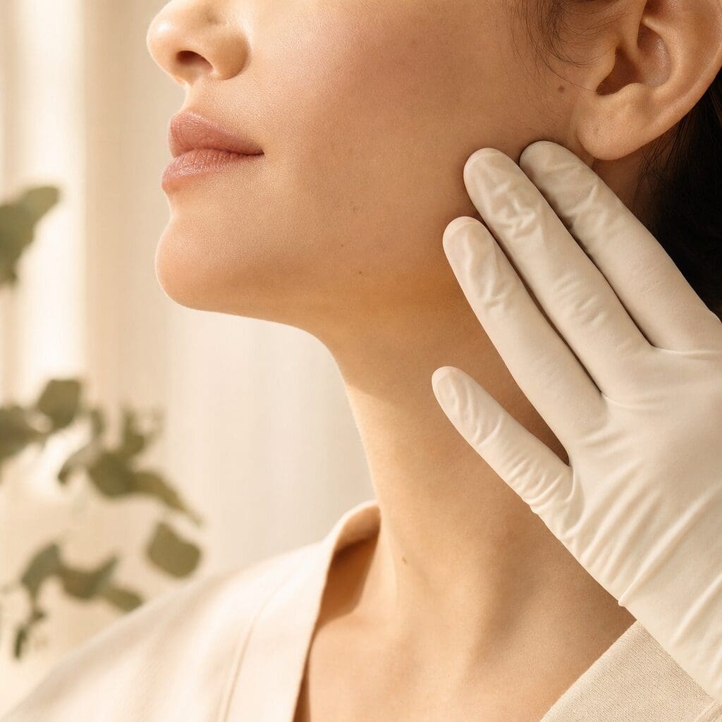 Close-up of a gloved hand gently touching a woman's jawline during a skin consultation.