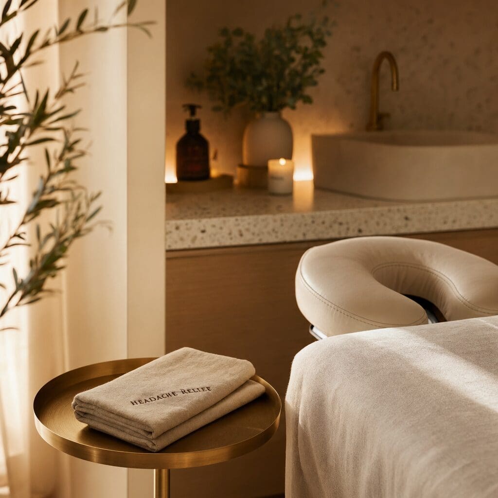 A cozy spa treatment room with a massage table, gold side table, folded towel, and warm ambient lighting.