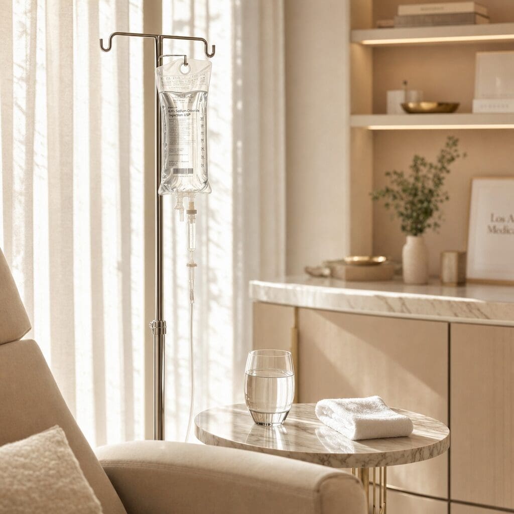 An IV drip bag on a stand next to a comfortable lounge chair and a glass of water on a marble table.