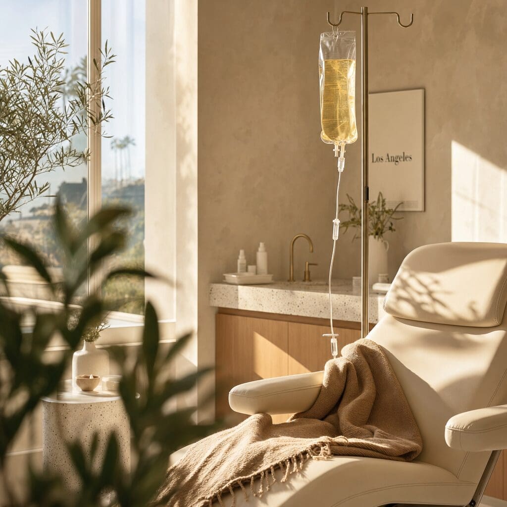 An IV drip bag hanging next to a comfortable lounge chair with a blanket in a bright, modern clinic room.